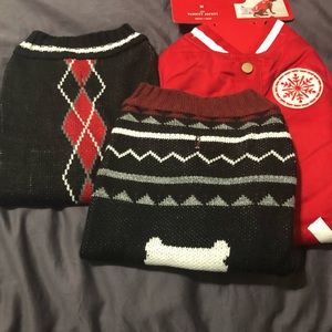 3 Dog clothing items; winter coat and 2 sweaters.